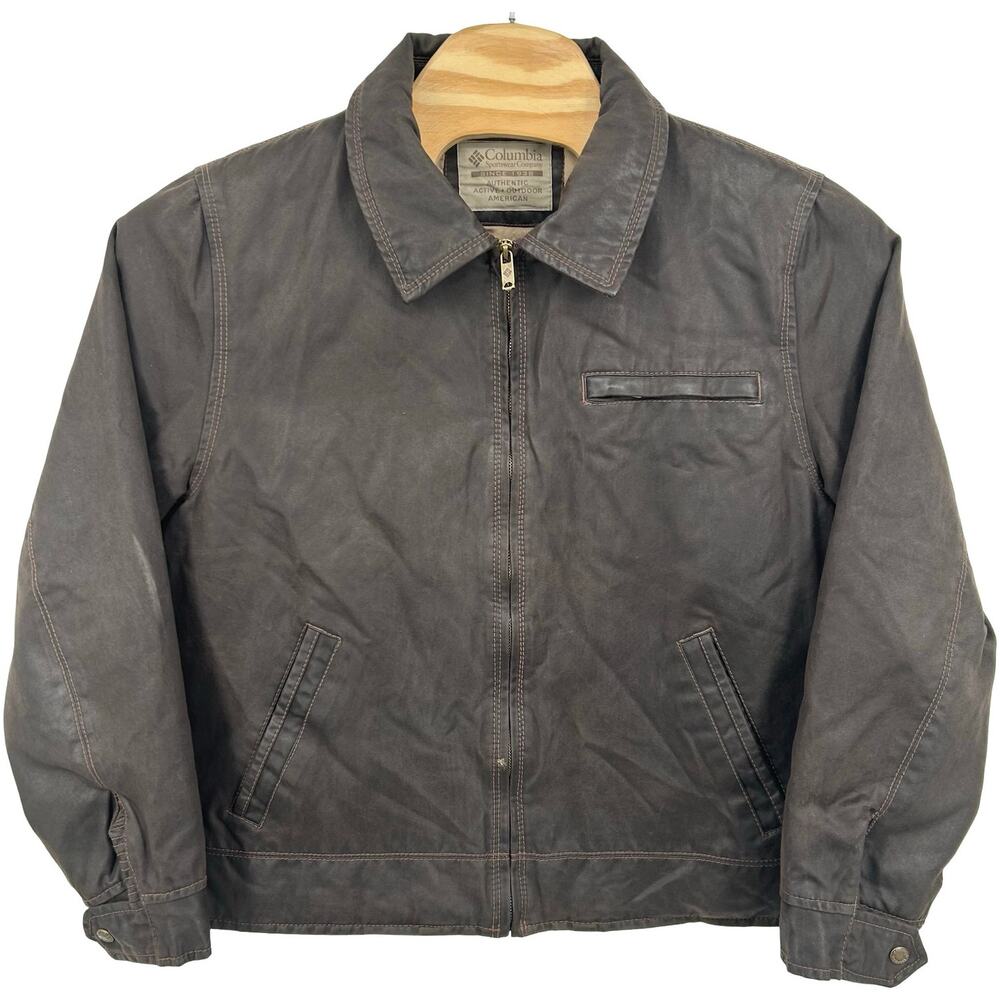 Vintage Men's Columbia Brown Waxed Bomber Collared Lined Cotton Jacket sz Large